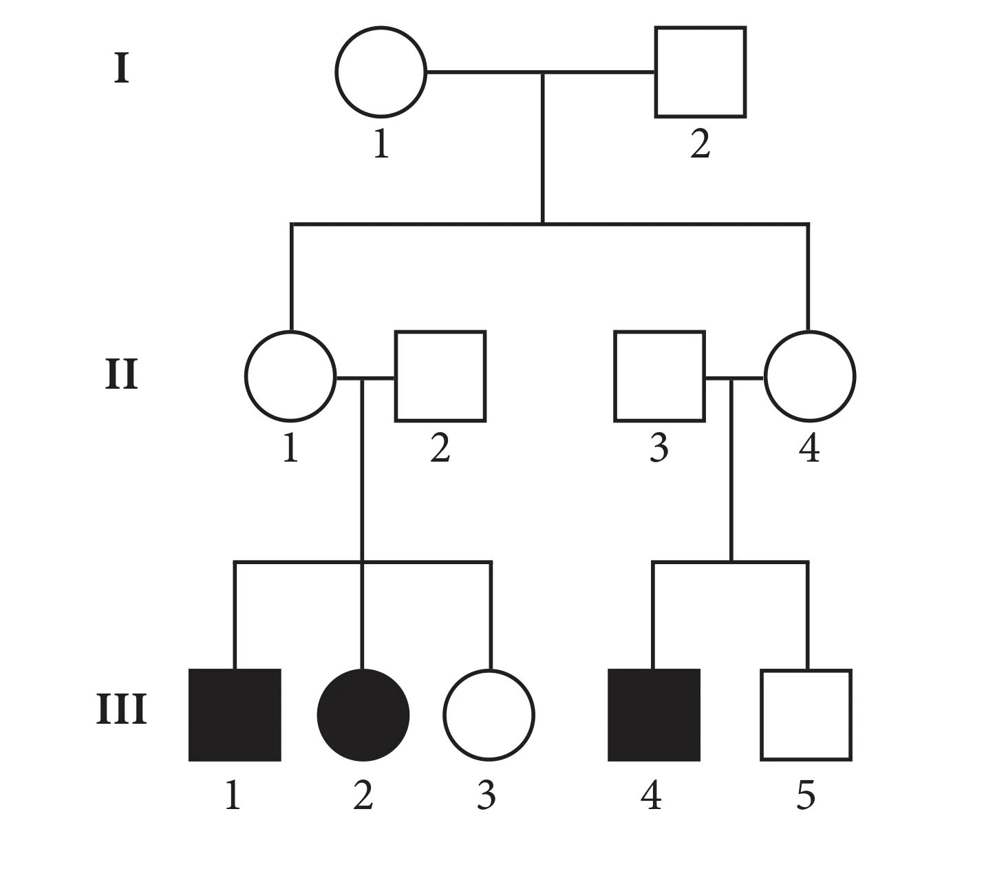 Schemat rodowodu z trzema pokoleniami: I (dwoje rodziców), II (cztery osoby), III (pięć osób). Osoby III-1 (mężczyzna), III-2 (kobieta) i III-4 (mężczyzna) są chore (czarne kształty), pozostałe osoby w pokoleniu II i III są zdrowe (białe kształty).
