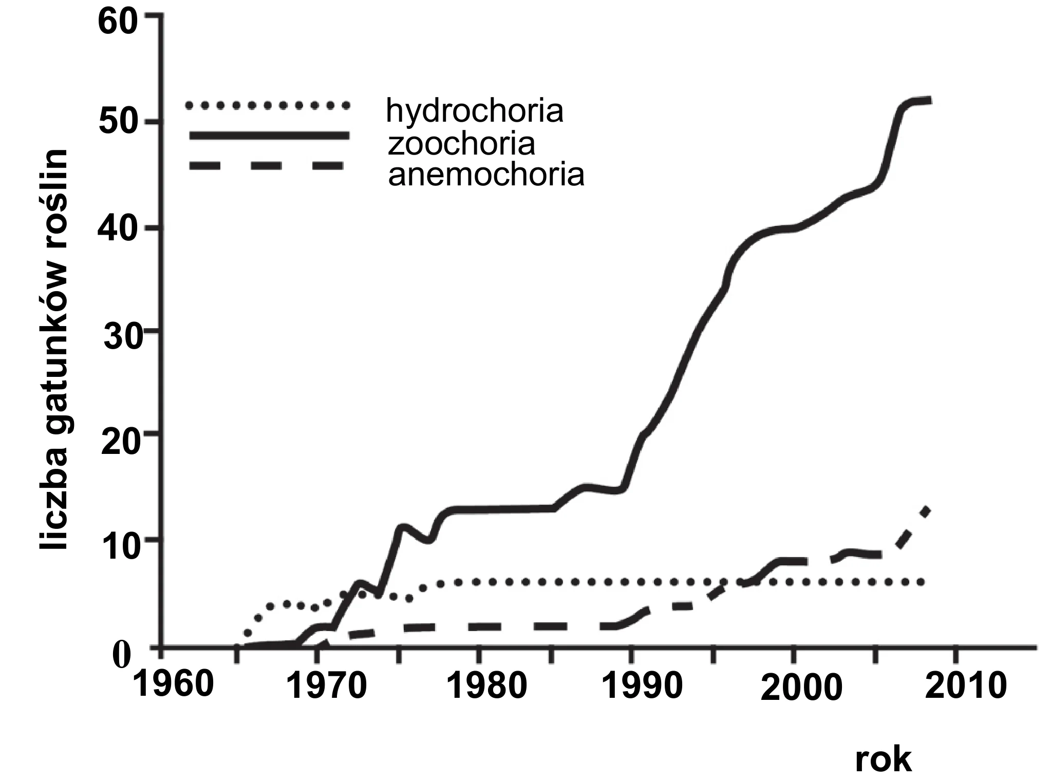 Liniowy wykres przedstawia liczbę gatunków roślin kolonizujących wyspę Surtsey w latach 1960-2010 dla trzech sposobów rozsiewania. Anemochoria (linia ciągła) dominuje, osiągając ponad 50 gatunków do 2008 roku, podczas gdy hydrochoria (linia kropkowana) stabilizuje się na poziomie około 7, a zoochoria (linia przerywana) rośnie do około 12 gatunków.