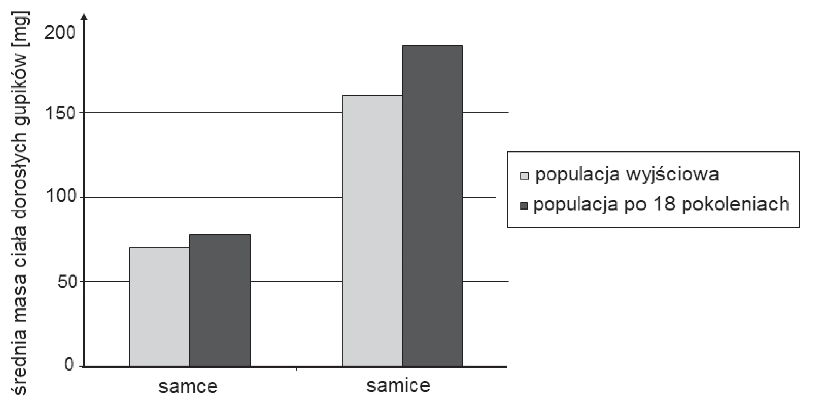 Wykres słupkowy przedstawia średnią masę ciała gupików w miligramach dla samców i samic, porównując populację wyjściową (jasnoszare słupki: samce około 70 mg, samice około 160 mg) z populacją po 18 pokoleniach (ciemnoszare słupki: samce około 78 mg, samice około 190 mg).