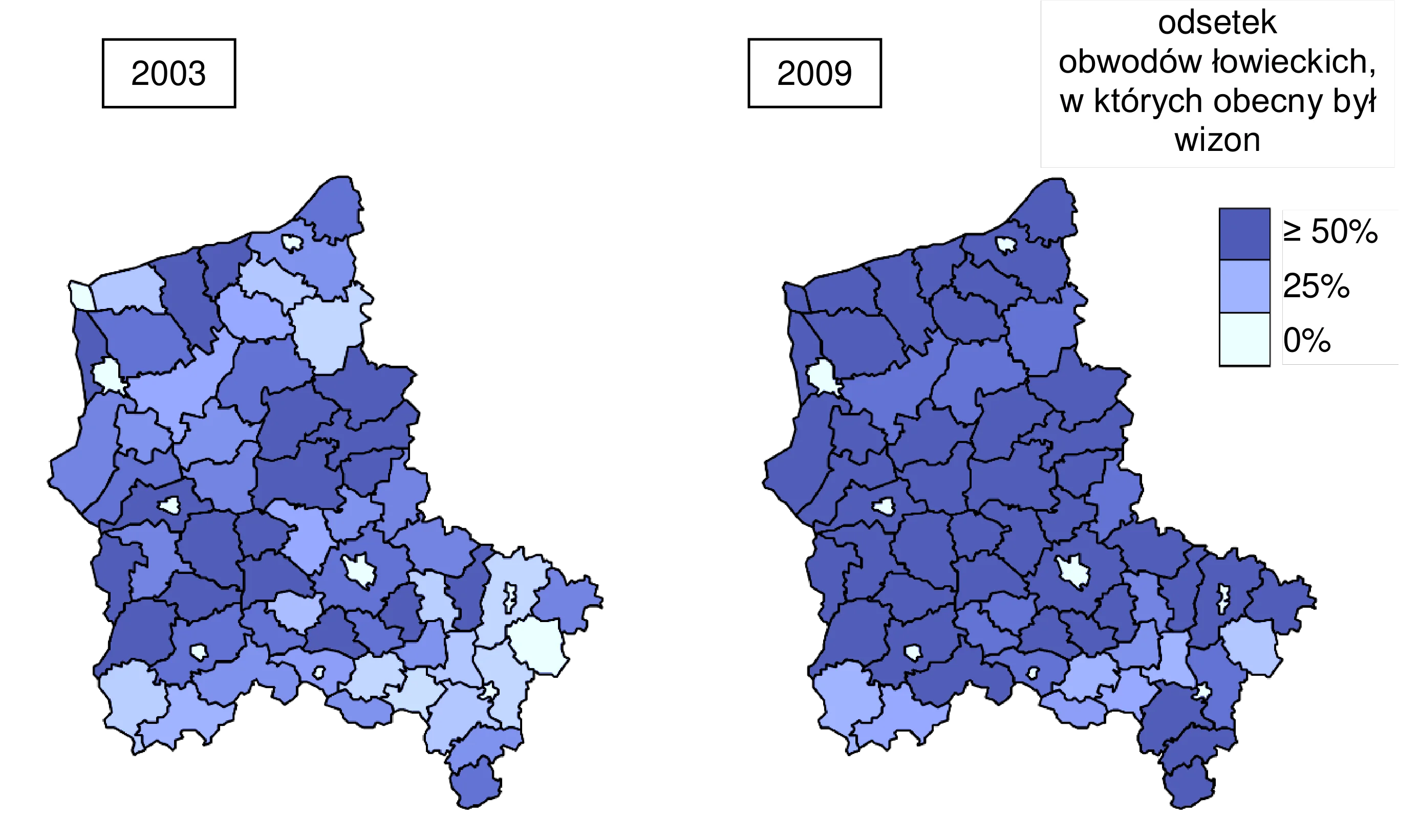 Dwie mapy choropleth Polski północno-zachodniej przedstawiają odsetek obwodów łowieckich z obecnością wizona w latach 2003 i 2009, gdzie ciemnoniebieski oznacza >= 50%, średni niebieski 25%, a jasny niebieski 0%. W 2009 roku widoczny jest wzrost obszarów z wysokim odsetkiem obecności wizona w porównaniu do 2003 roku.