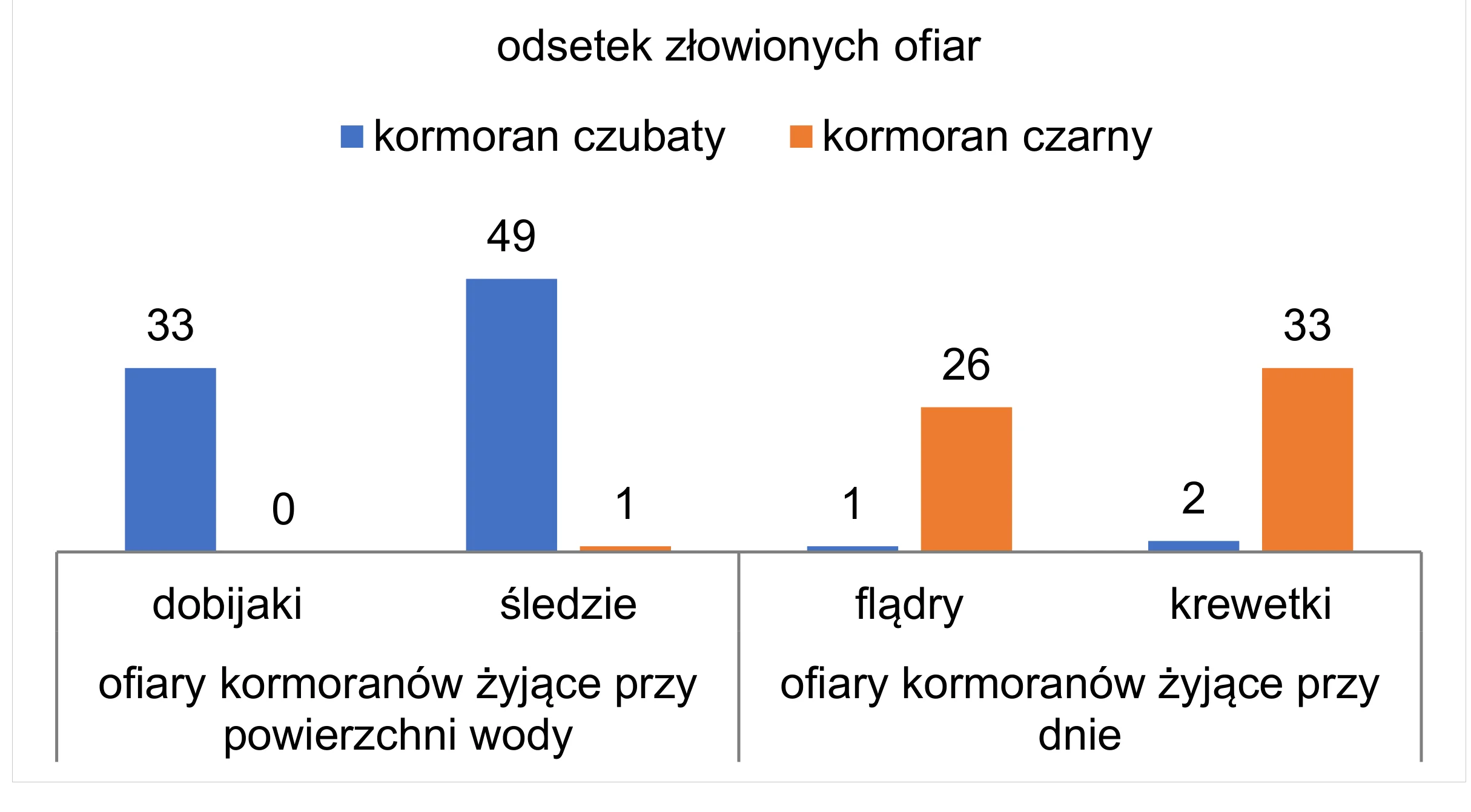 Wykres słupkowy porównujący odsetek złowionych ofiar przez kormorana czubatego i czarnego. Kormoran czubaty głównie poluje na ofiary żyjące przy powierzchni wody (np. śledzie 49%), a kormoran czarny na ofiary żyjące przy dnie (np. krewetki 33%).