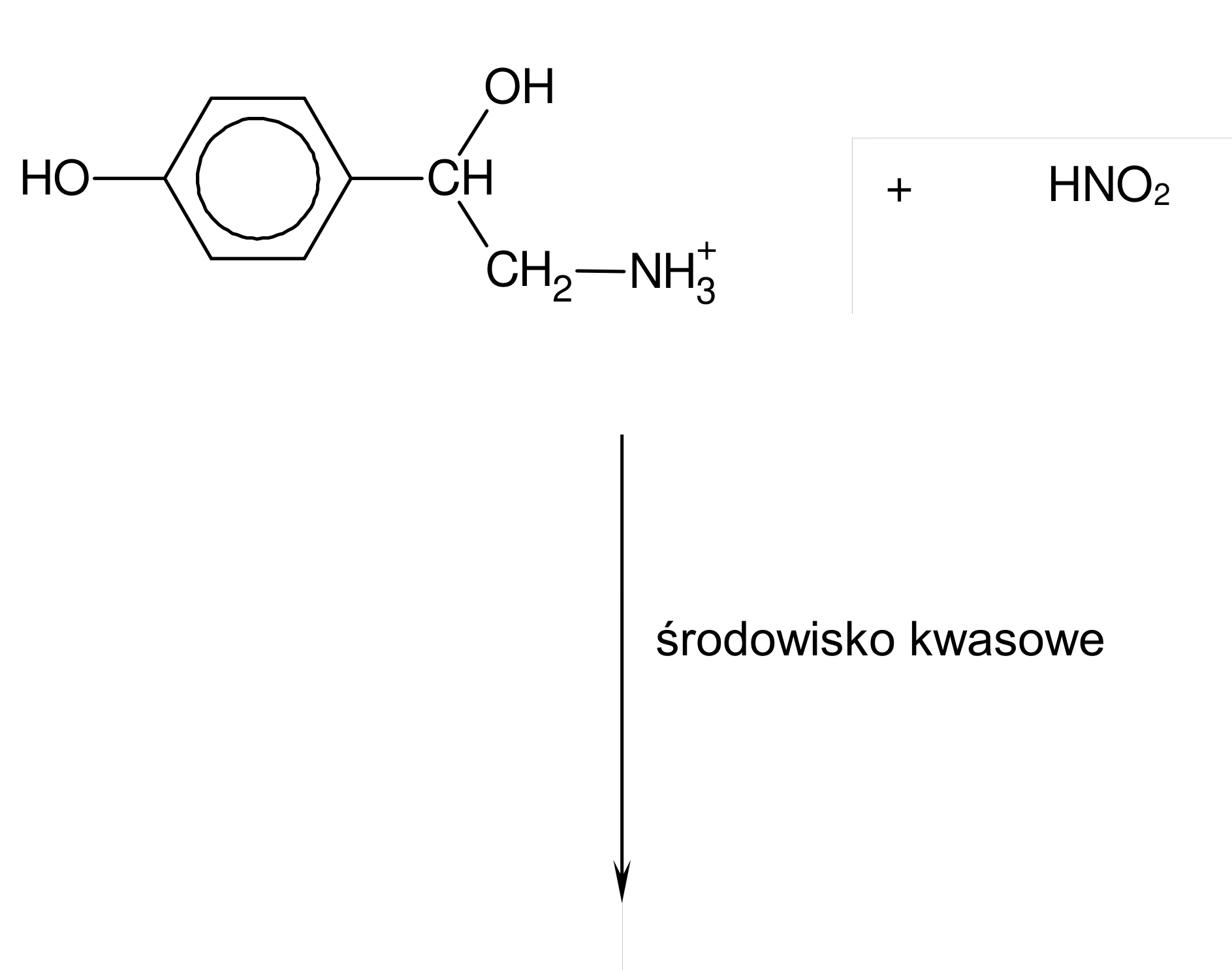 Schemat reakcji chemicznej oktopaminy z HNO2 (kwasem azotowym III) w środowisku kwasowym, z pustym miejscem na wpisanie produktów po prawej stronie strzałki reakcji.