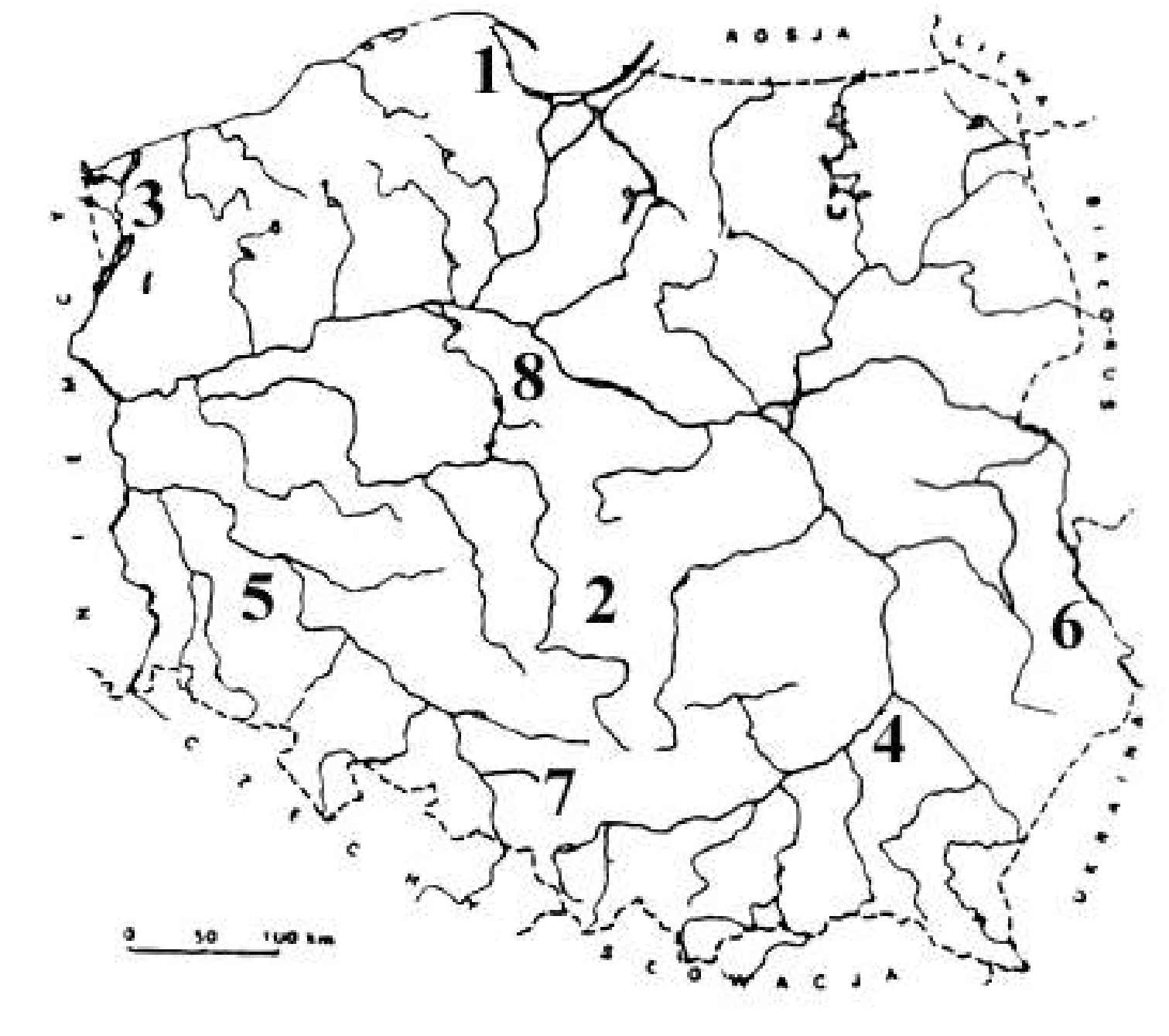 Mapa Polski z rzekami i granicami państwa, zawierająca 8 numerowanych obszarów oraz skalę kilometrową 0, 50, 100.