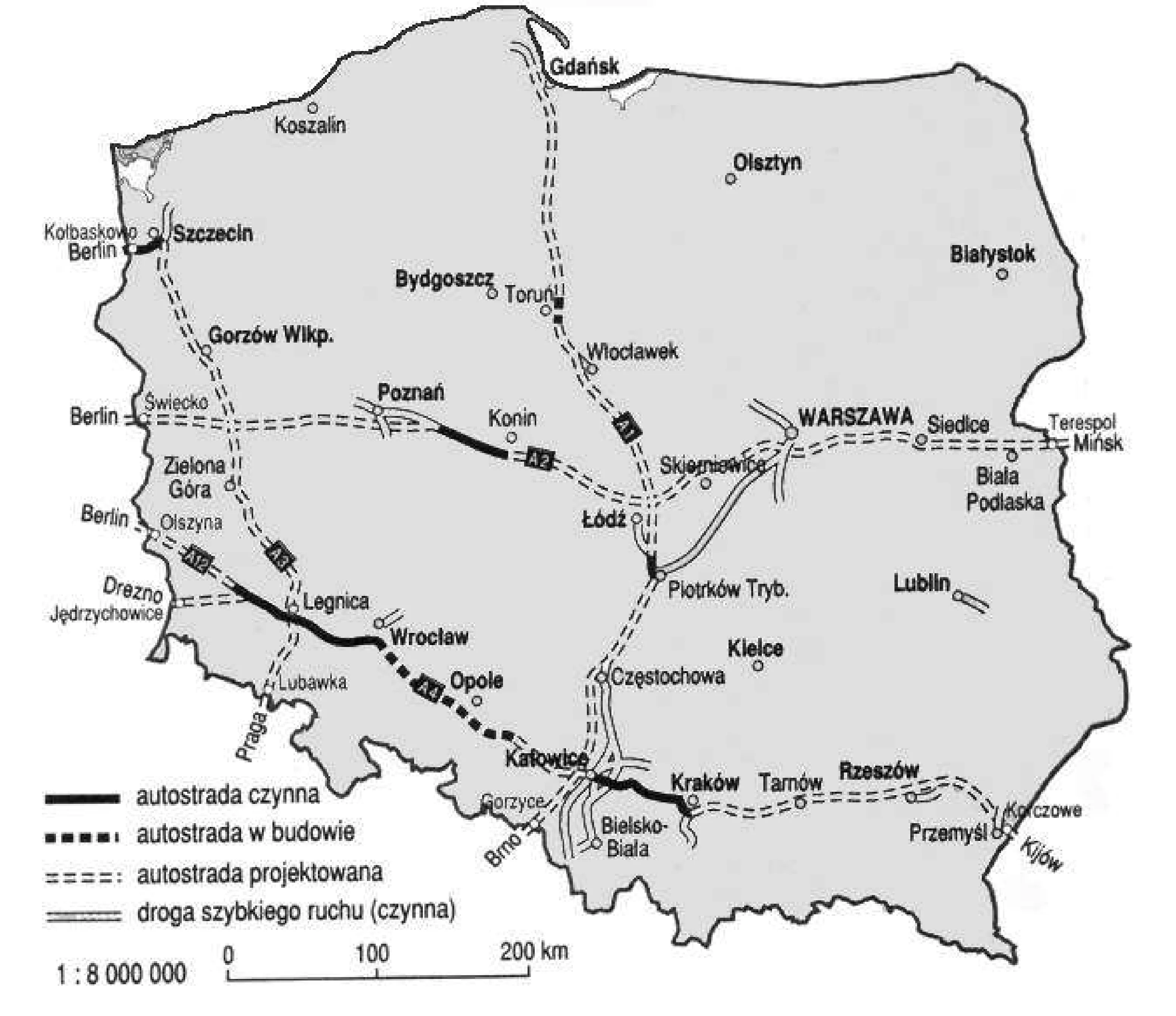 Mapa Polski przedstawia projekt sieci autostrad i dróg szybkiego ruchu, ze szczególnym uwzględnieniem autostrady A2 biegnącej od granicy niemieckiej przez Poznań i Warszawę do granicy białoruskiej, której odcinki oznaczono jako czynne, w budowie lub projektowane. Skala mapy to 1:8 000 000, z podziałką do 200 kilometrów.