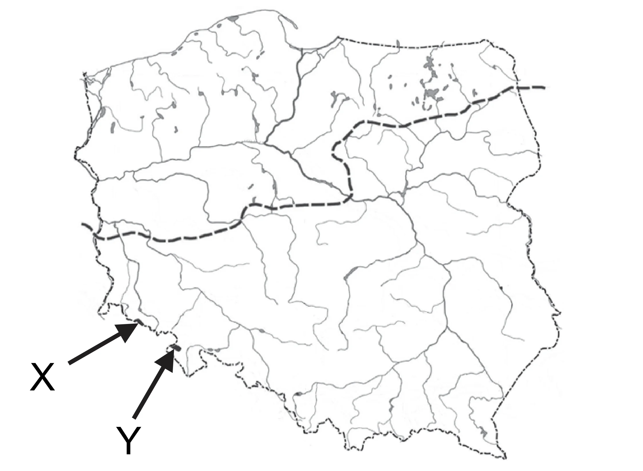 Mapa Polski z rzekami, jeziorami i przerywaną linią zasięgu zlodowacenia; strzałki wskazują parki narodowe X i Y na południu kraju.