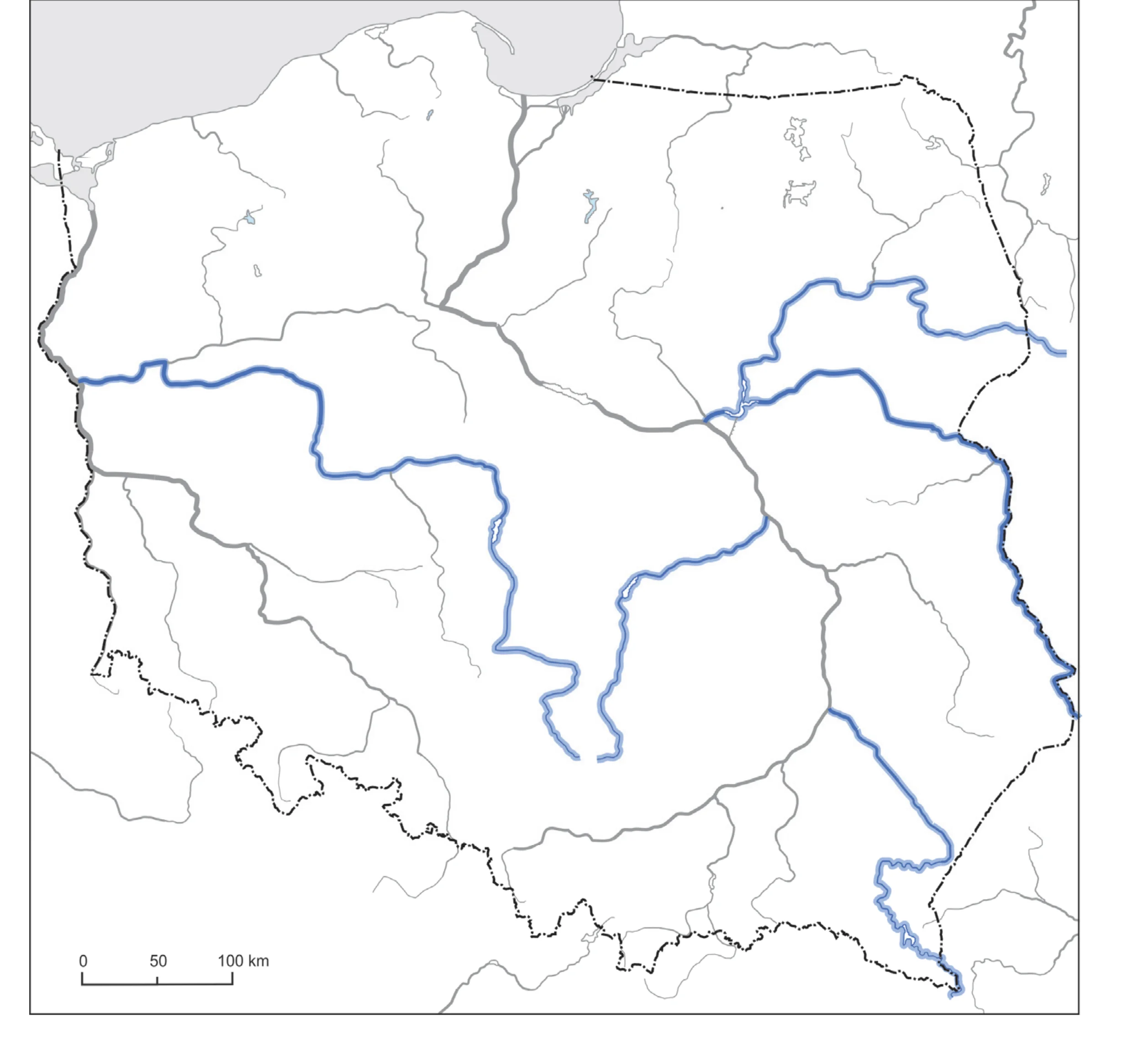 Mapa Polski z granicami państwa i siecią rzek, gdzie Bug, Narew, Pilica, San i Warta wyróżnione są kolorem niebieskim. W lewym dolnym rogu znajduje się podziałka liniowa o zakresie 0 do 100 km.