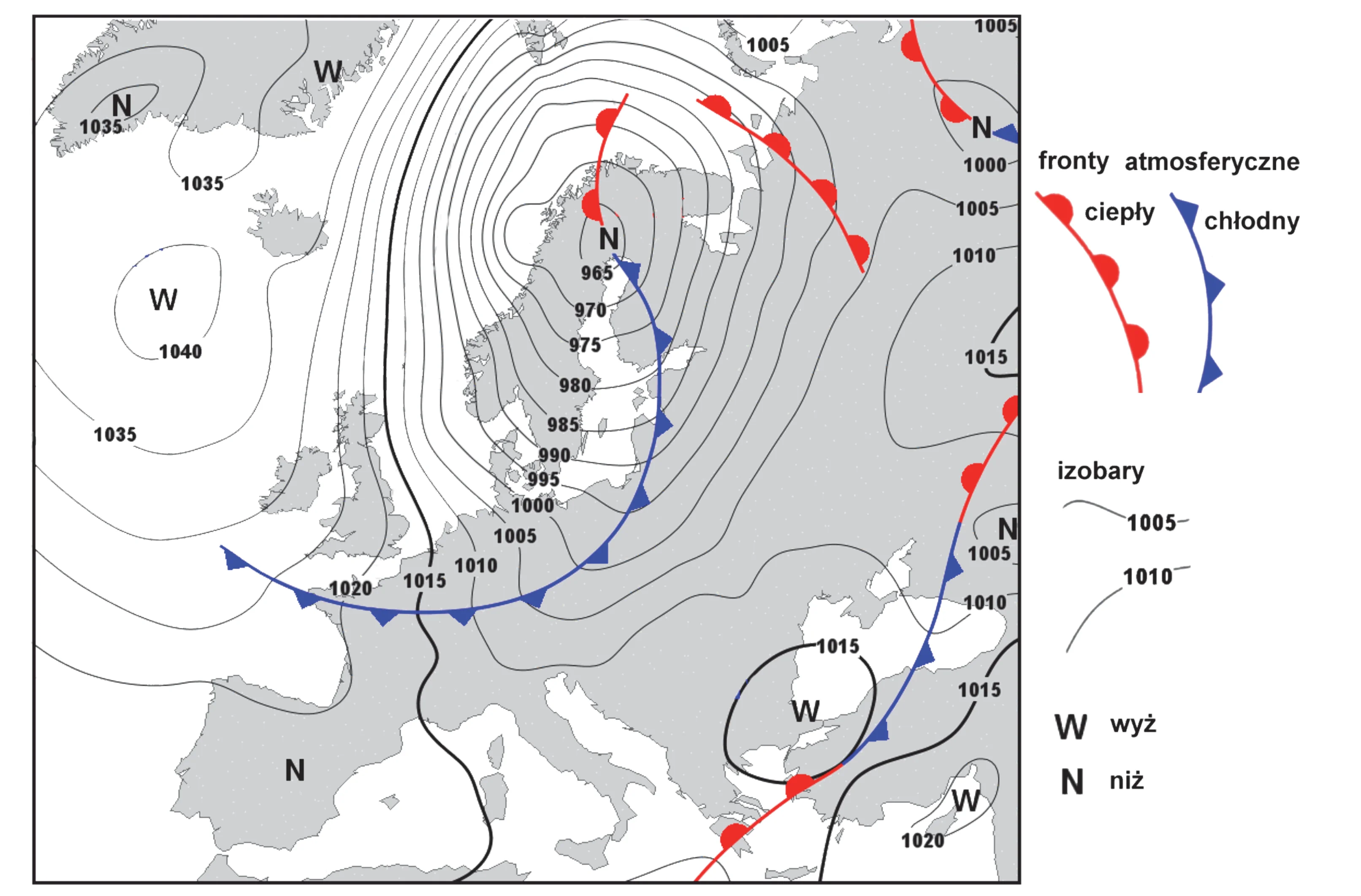 Mapa synoptyczna Europy przedstawia izobary z wartościami od 965 do 1040 hektopaskali, oznaczające niże (N) i wyże (W), oraz linie frontów atmosferycznych: ciepłych (czerwone półokręgi) i chłodnych (niebieskie trójkąty).