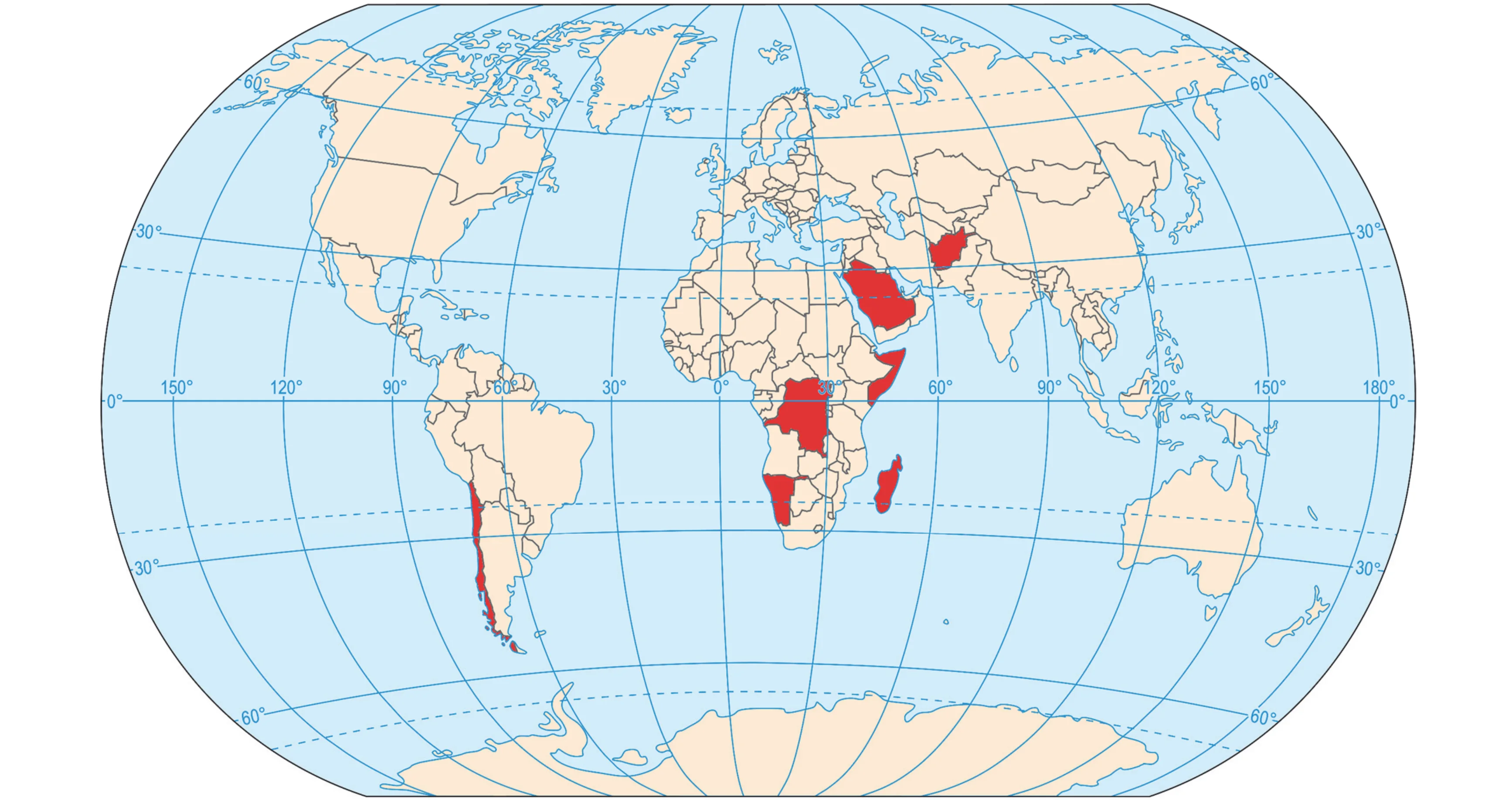Mapa świata z siatką współrzędnych geograficznych, w tym równikiem i zwrotnikami. Kolorem czerwonym oznaczono kraje: Afganistan, Arabia Saudyjska, Chile, Demokratyczna Republika Konga, Madagaskar, Namibia i Somalia.