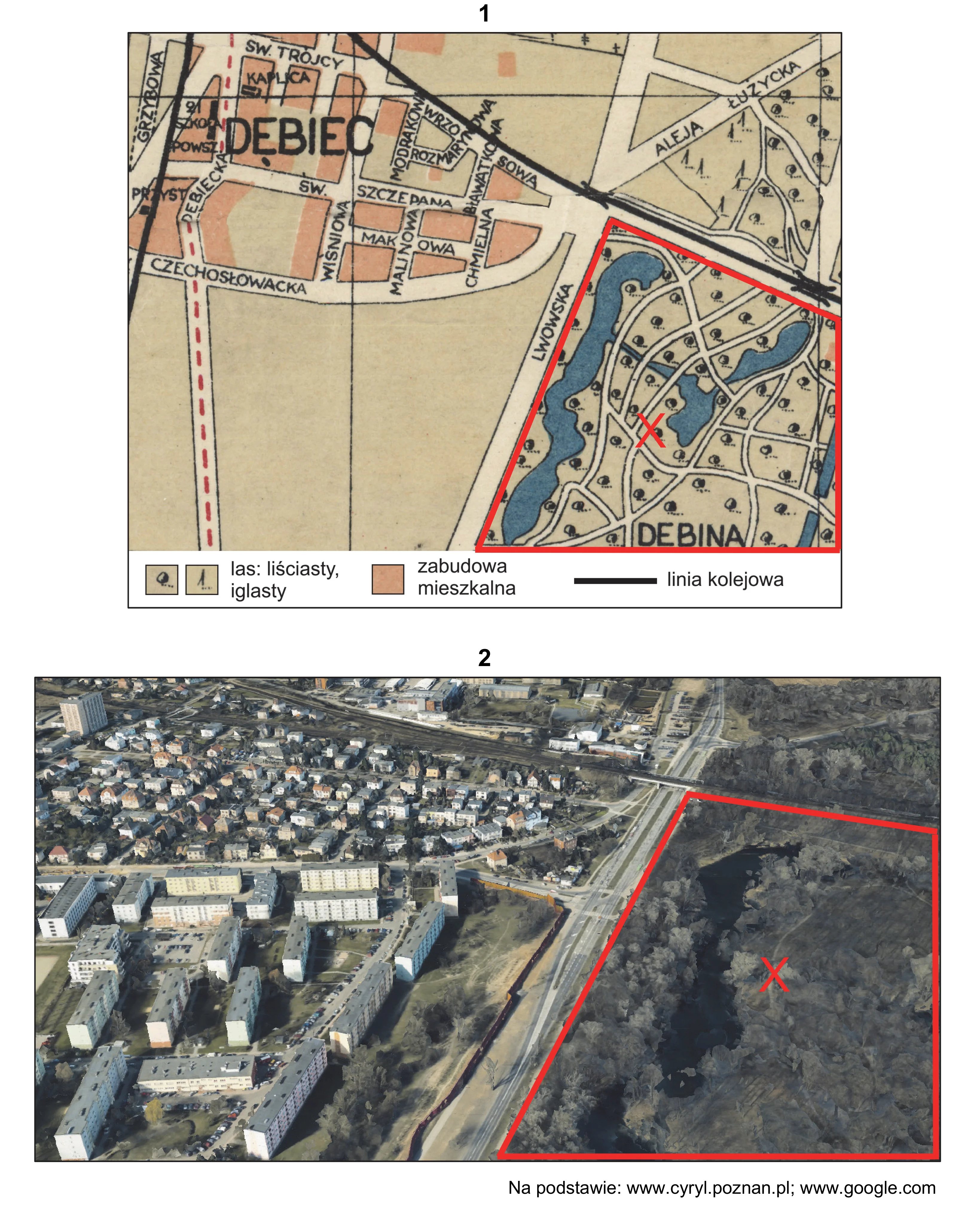 Dwa obrazy: plan Poznania z 1935 roku (numer 1) oraz współczesne zdjęcie lotnicze (numer 2). Czerwony nieregularny wielobok, zawierający literę X, wyznacza obszar zielony z rzeką i zbiornikami wodnymi w otoczeniu zabudowy miejskiej.