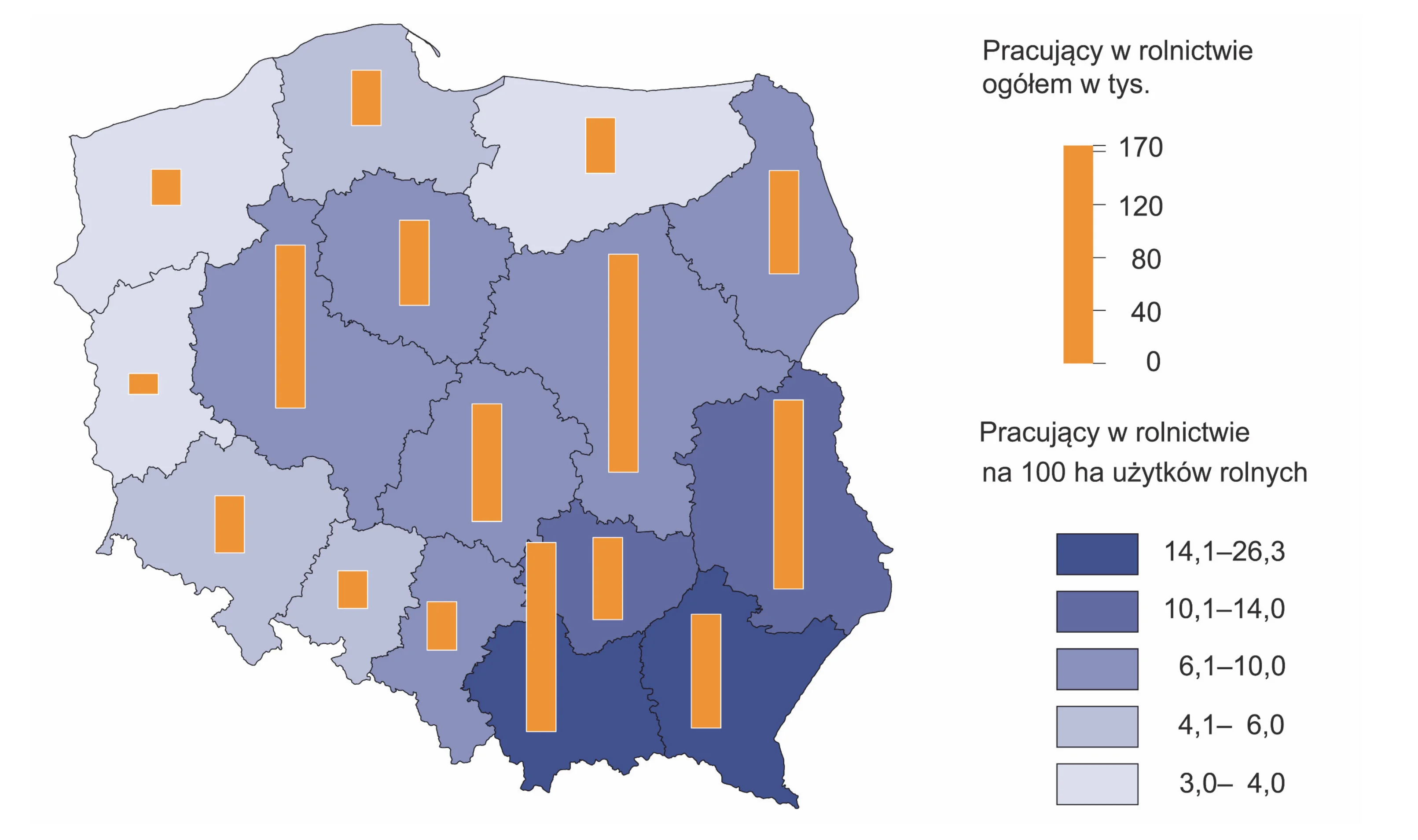 Mapa Polski przedstawiająca liczbę pracujących w rolnictwie według województw w 2022 roku, gdzie odcienie niebieskiego symbolizują pracujących na 100 hektarów użytków rolnych w przedziałach od 3,0-4,0 do 14,1-26,3, a pomarańczowe słupki wskazują ogólną liczbę pracujących w tysiącach, od 0 do 170.