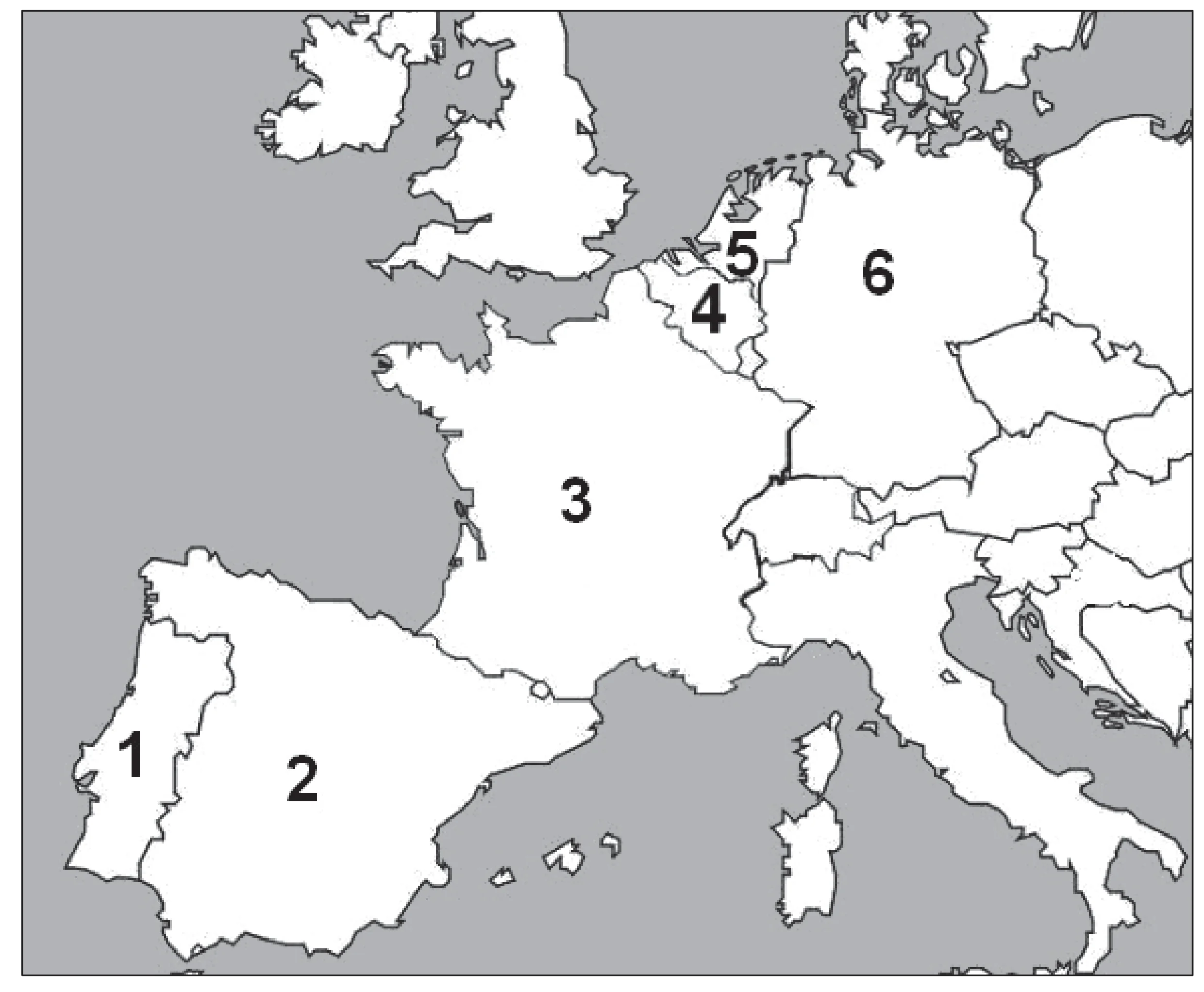Fragment mapy politycznej Europy z ponumerowanymi państwami: 1 - Portugalia, 2 - Hiszpania, 3 - Francja, 4 - Belgia, 5 - Holandia, 6 - Niemcy.