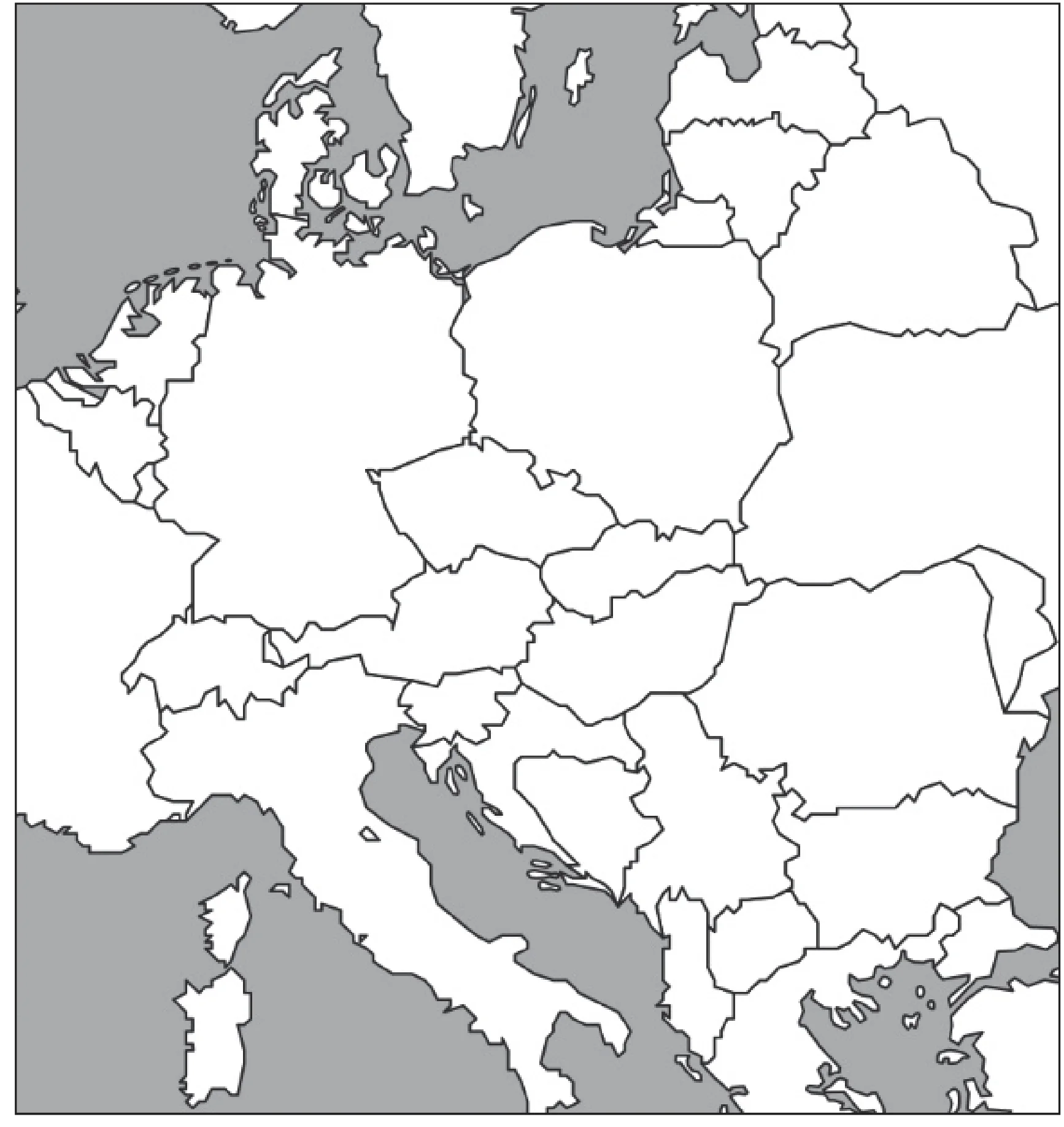Mapa polityczna Europy przedstawiająca kontury państw i ich granice, z lądem białym i wodami szarymi. Widoczne są oddzielne Czechy i Słowacja oraz państwa postjugosłowiańskie, w tym Serbia i Czarnogóra jako jeden kraj.