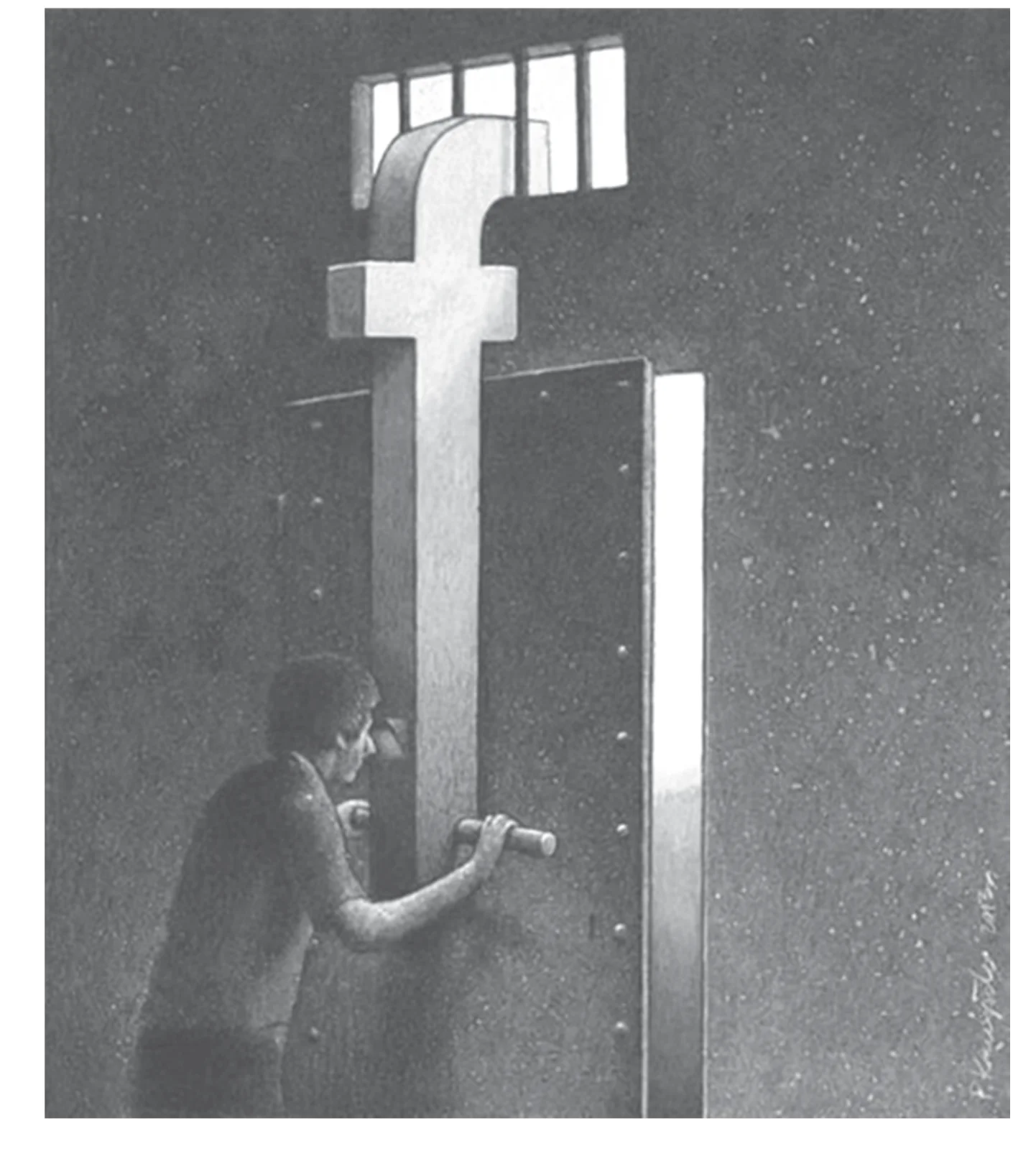 Osoba zagląda przez klucz w kształcie logo Facebooka, który jest jednocześnie wizjerem w ciemnych, nitowanych drzwiach celi więziennej z kratami w oknie u góry.