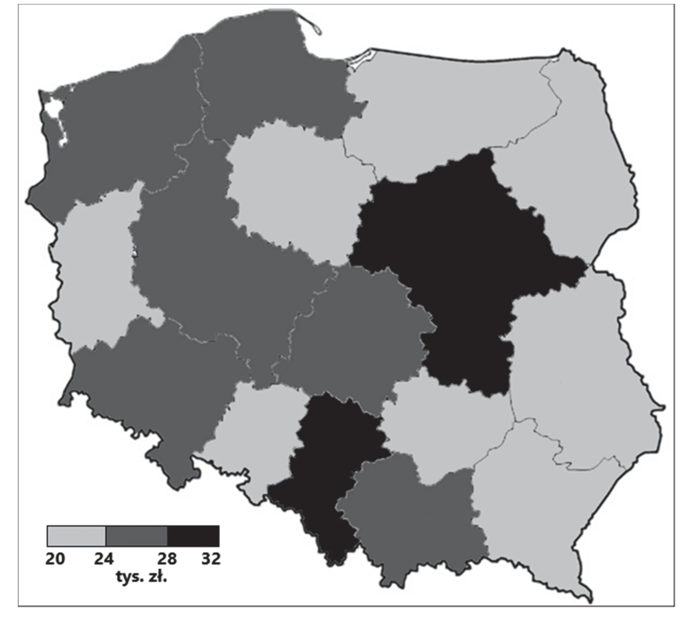 Mapa choropletowa Polski z 2013 roku, przedstawiająca nominalne dochody brutto na mieszkańca według województw. Dochody pogrupowano w zakresy: poniżej 24 tysięcy złotych, 24-28 tysięcy złotych, 28-32 tysiące złotych i powyżej 32 tysięcy złotych.