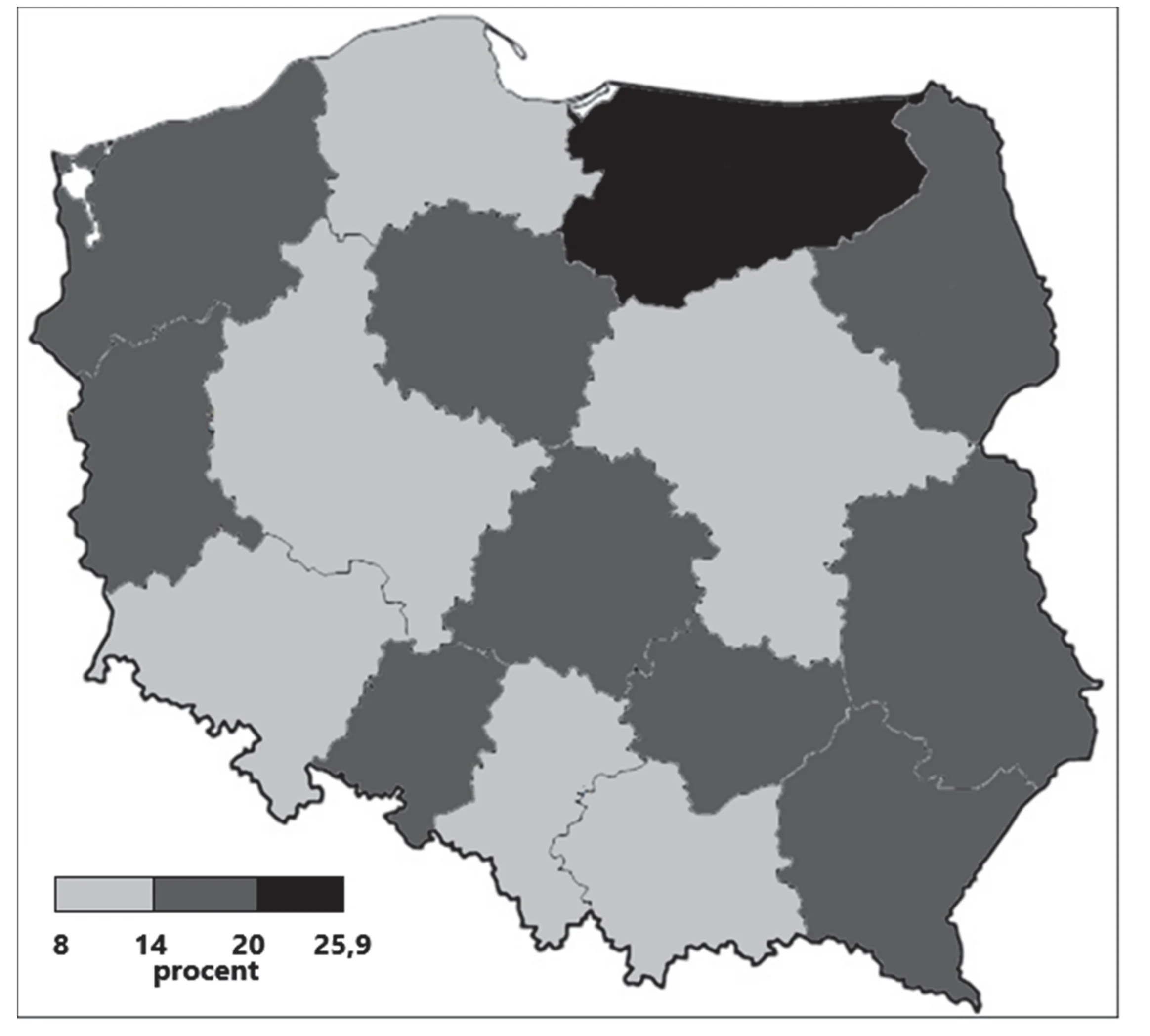 Mapa choropleth Polski przedstawiająca stopę bezrobocia rejestrowanego w 2013 roku według województw, z czterema zakresami procentowymi: do 8 (najjaśniejszy odcień), od 8 do 14, od 14 do 20, oraz od 20 do 25,9 (najciemniejszy odcień).